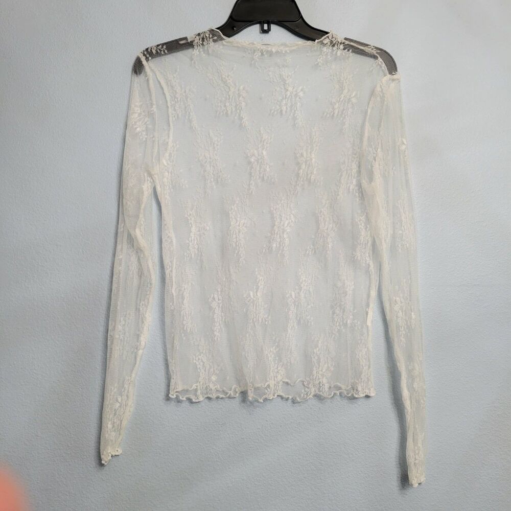 Womens Sheer White Lace Long Sleeve Top Layer Floral Blouse S Coquette Y2K Fairy